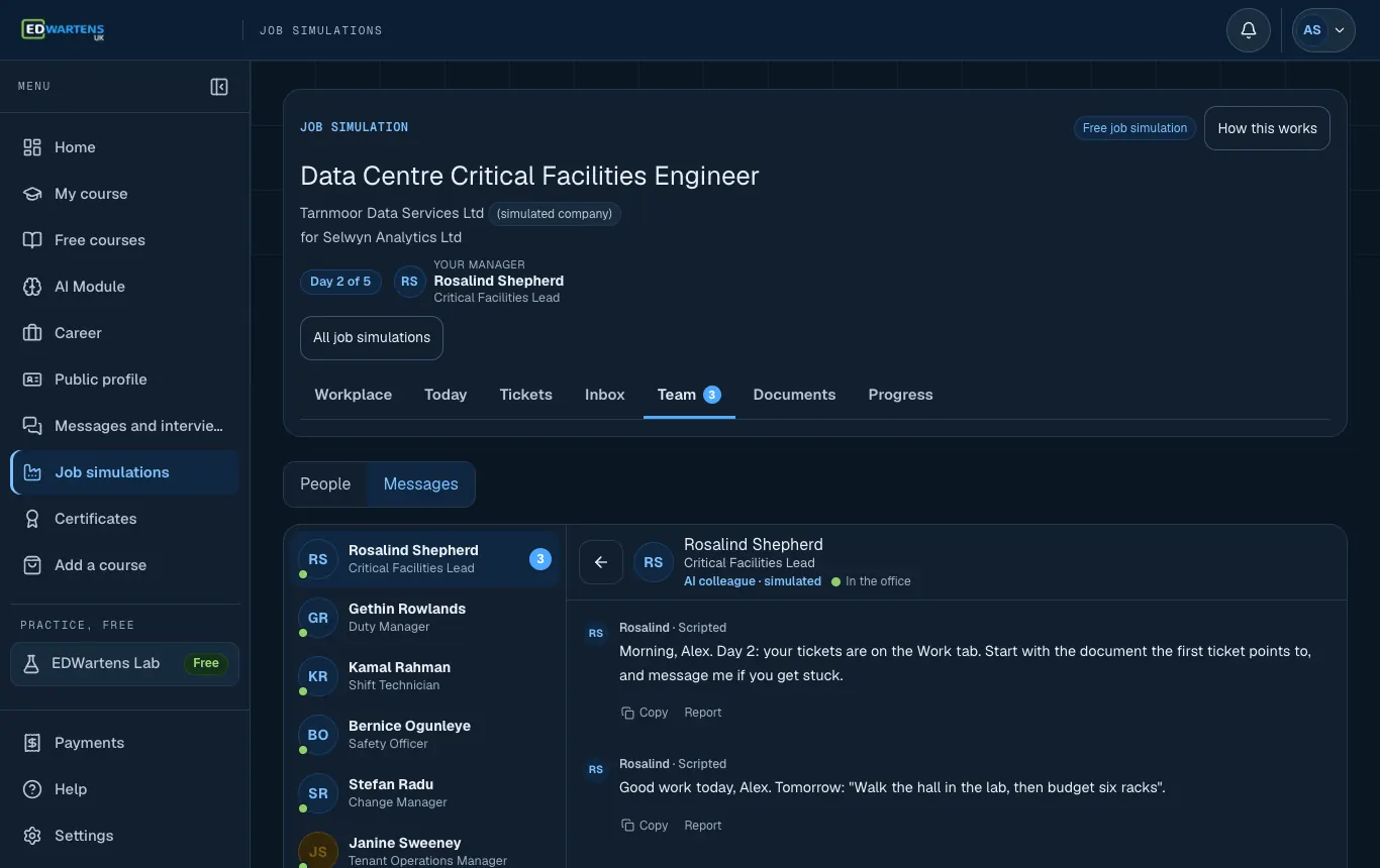 The Team screen of the Data Centre Critical Facilities Engineer job simulation with a chat open with an AI colleague