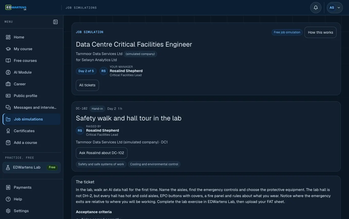 A ticket in the Data Centre Critical Facilities Engineer job simulation with its brief and acceptance points