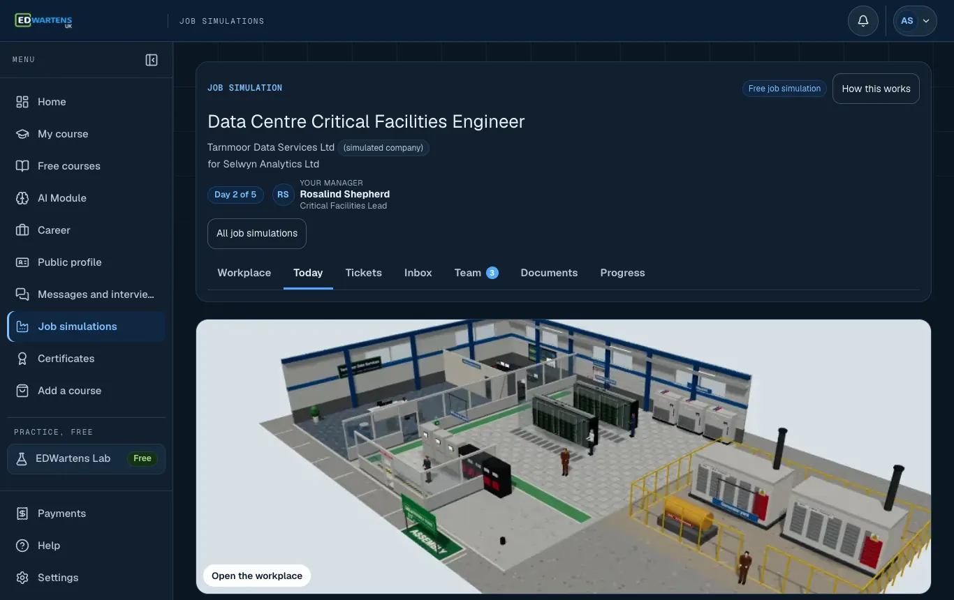 The Today screen of the Data Centre Critical Facilities Engineer job simulation: the morning email and the day's tickets