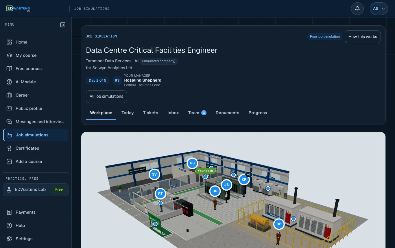 The workplace of the simulated company in the Data Centre Critical Facilities Engineer job simulation