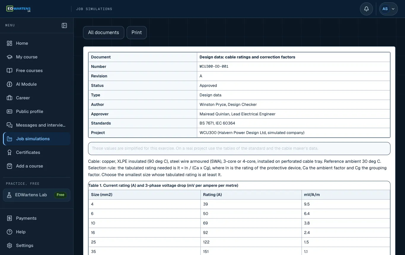 A project document in the Electrical Design Engineer job simulation with number, revision and status