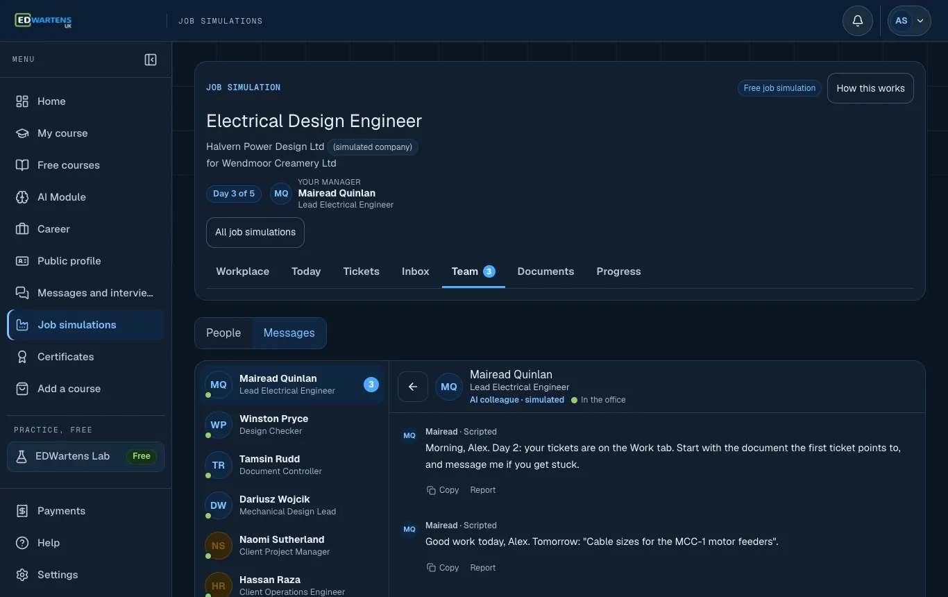 The Team screen of the Electrical Design Engineer job simulation with a chat open with an AI colleague