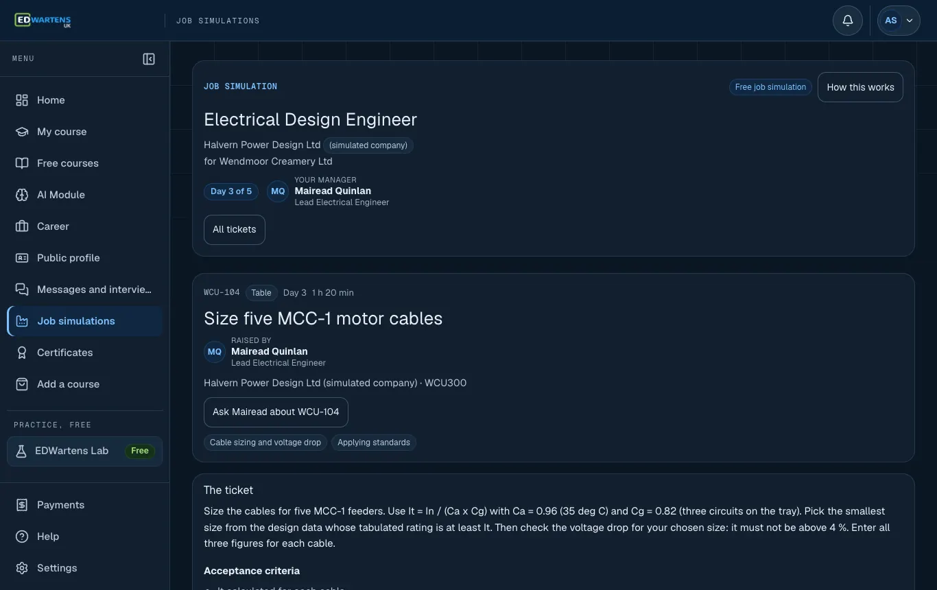 A ticket in the Electrical Design Engineer job simulation with its brief and acceptance points