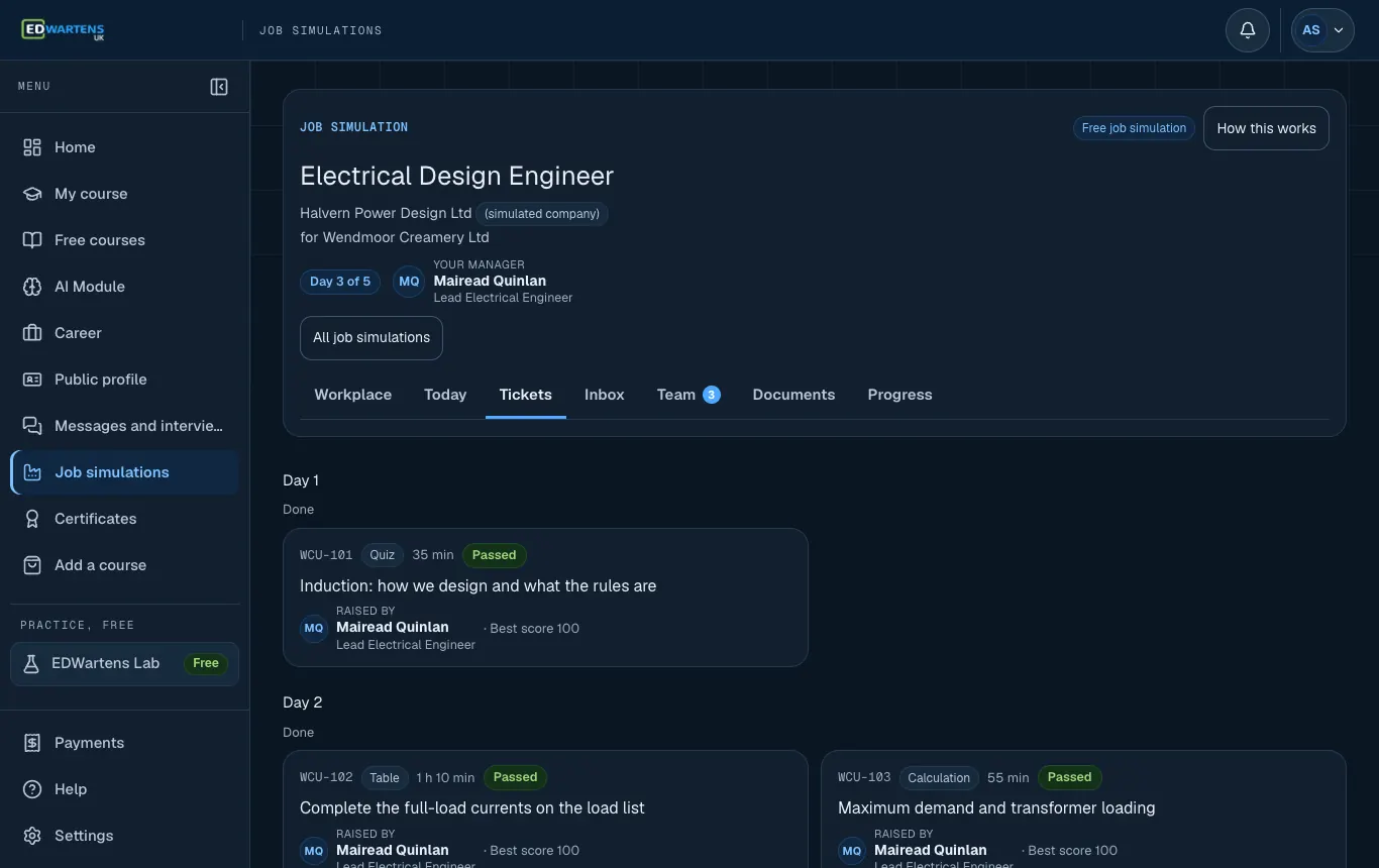 The Work screen of the Electrical Design Engineer job simulation, listing tickets by day