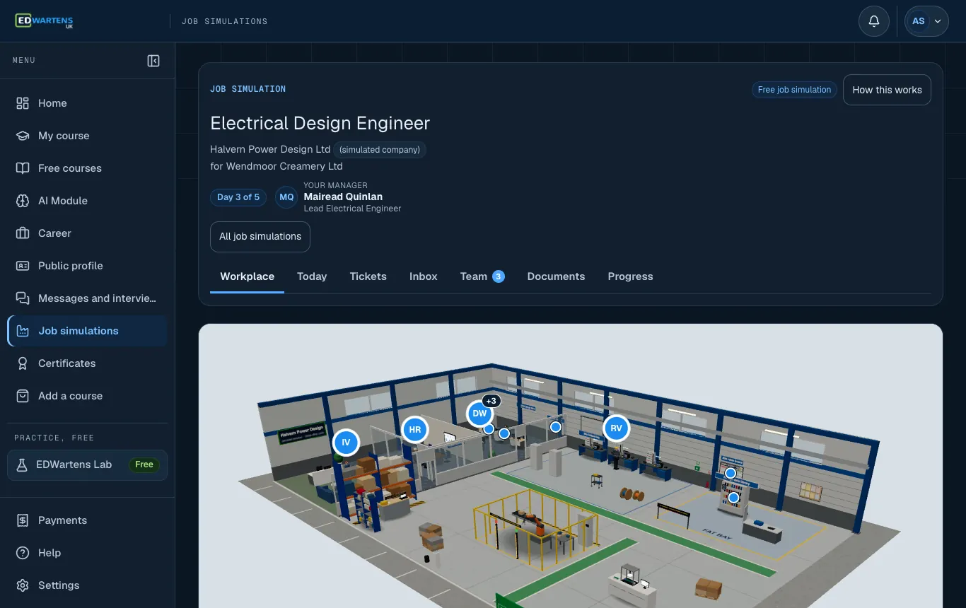 The workplace of the simulated company in the Electrical Design Engineer job simulation