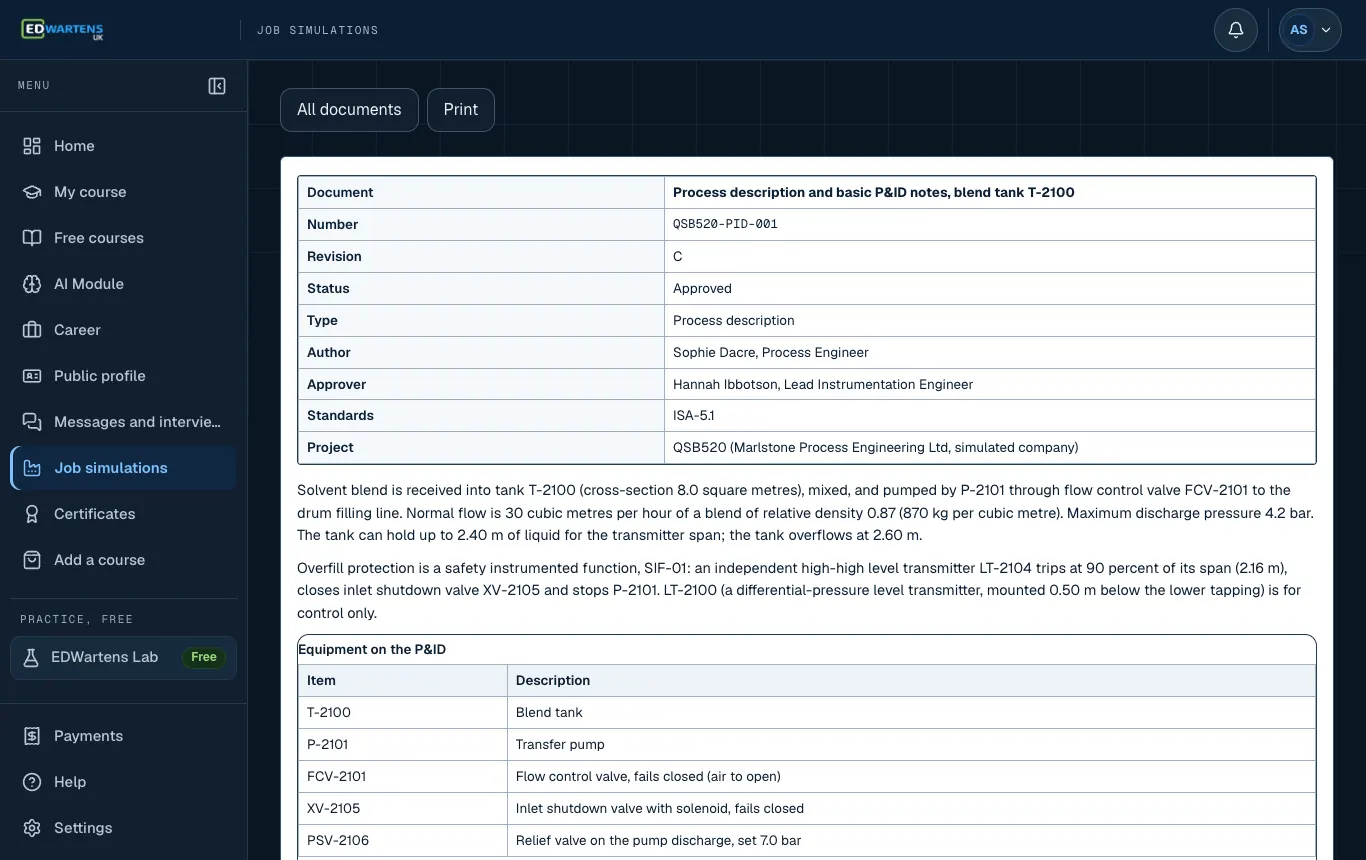 A project document in the Instrumentation Engineer job simulation with number, revision and status