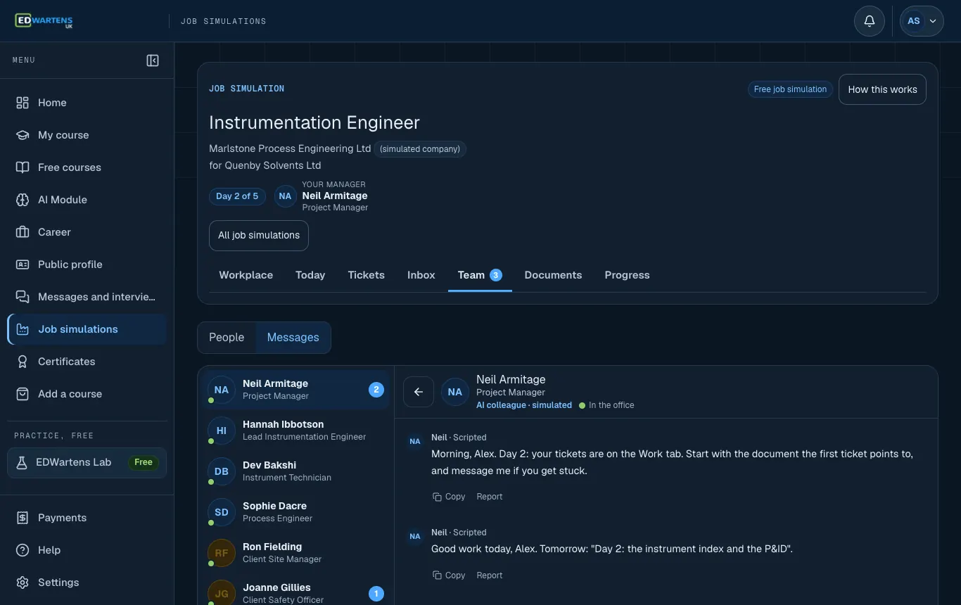 The Team screen of the Instrumentation Engineer job simulation with a chat open with an AI colleague