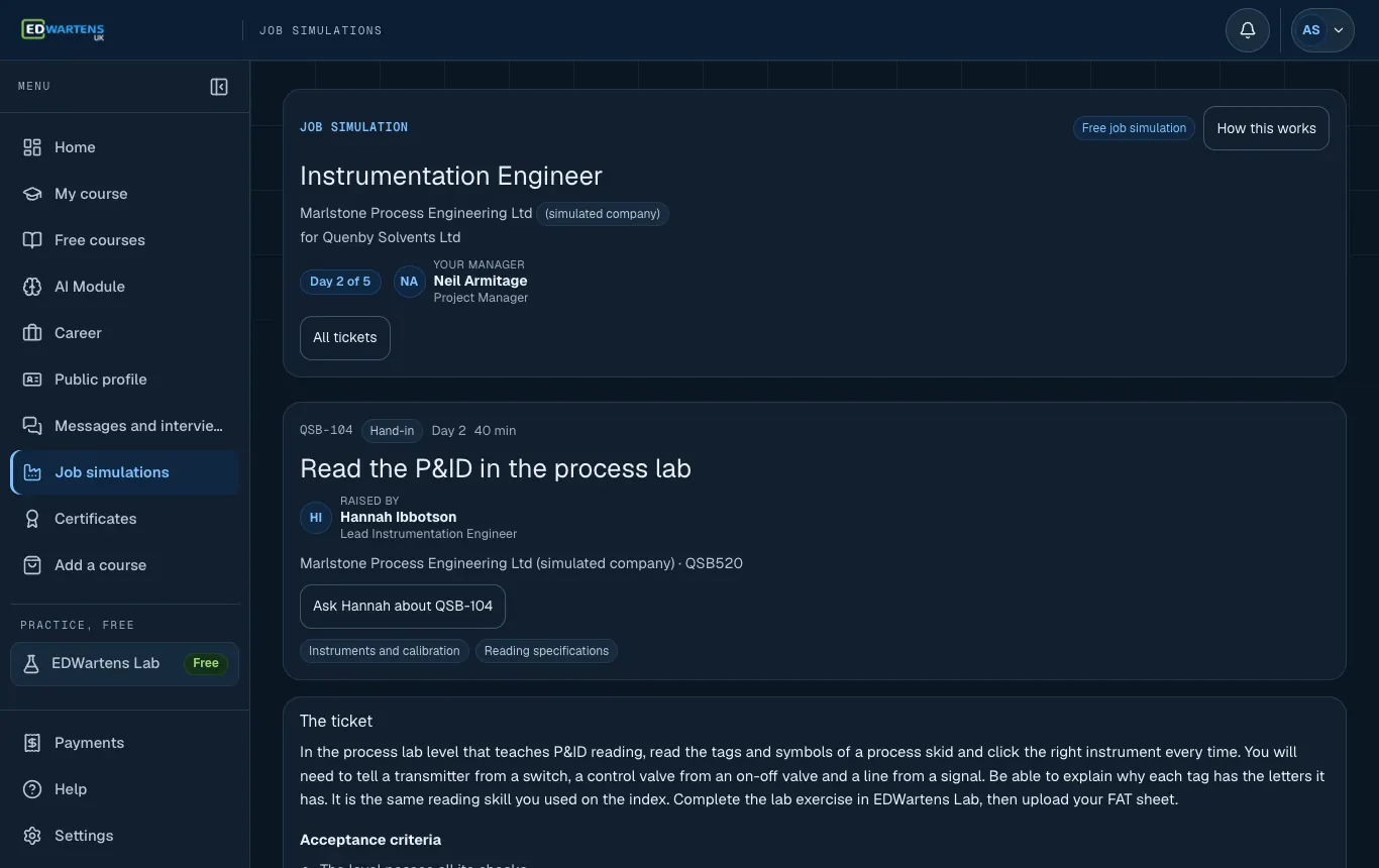A ticket in the Instrumentation Engineer job simulation with its brief and acceptance points