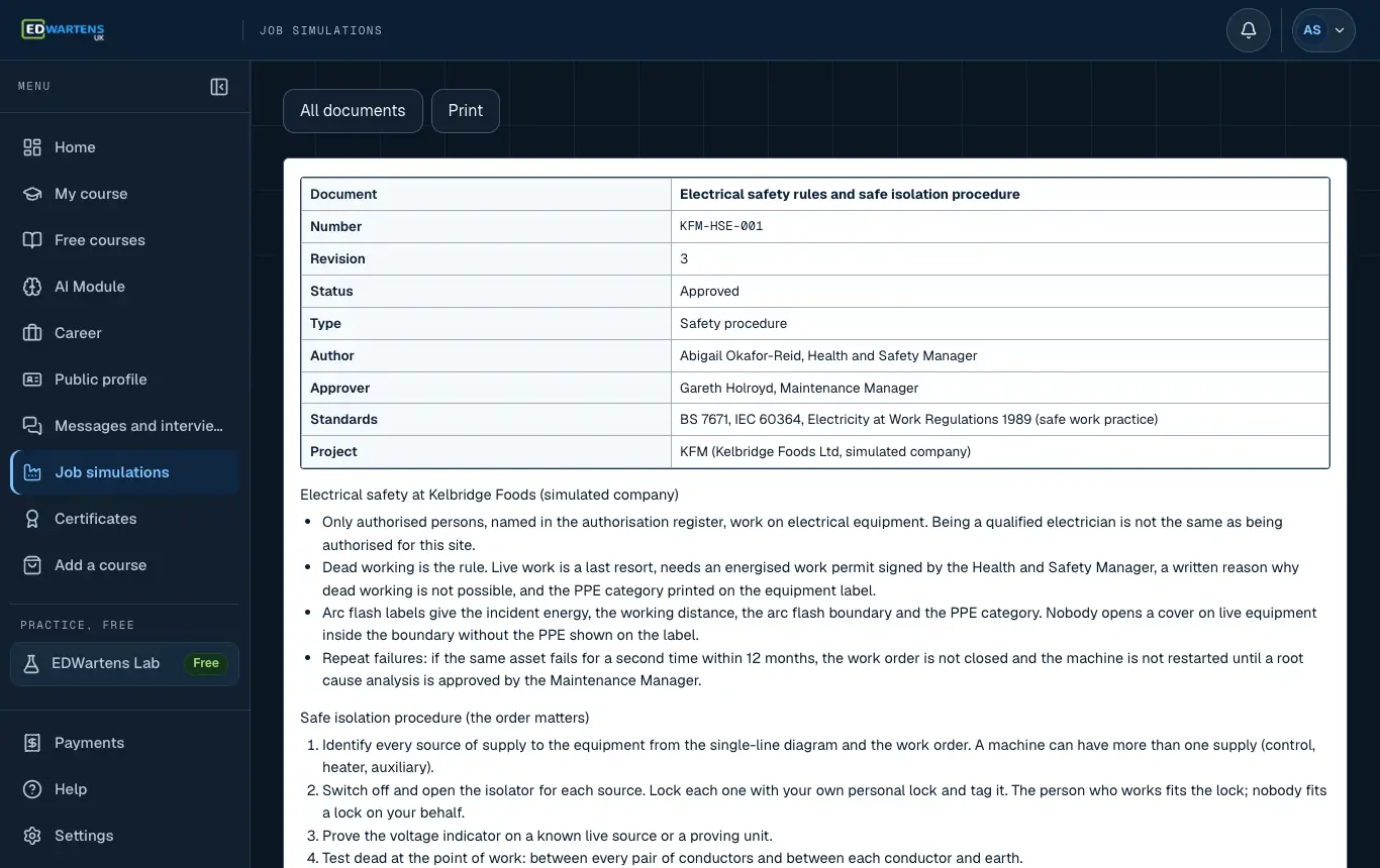 A project document in the Maintenance Electrical Engineer job simulation with number, revision and status