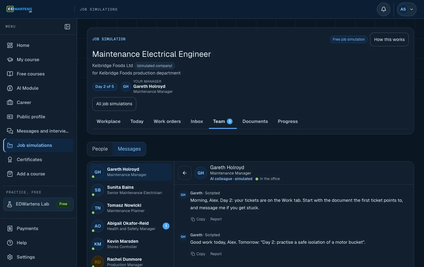 The Team screen of the Maintenance Electrical Engineer job simulation with a chat open with an AI colleague