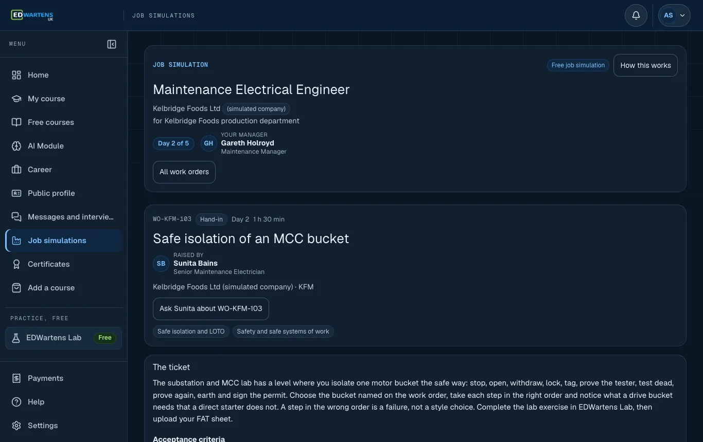 A ticket in the Maintenance Electrical Engineer job simulation with its brief and acceptance points