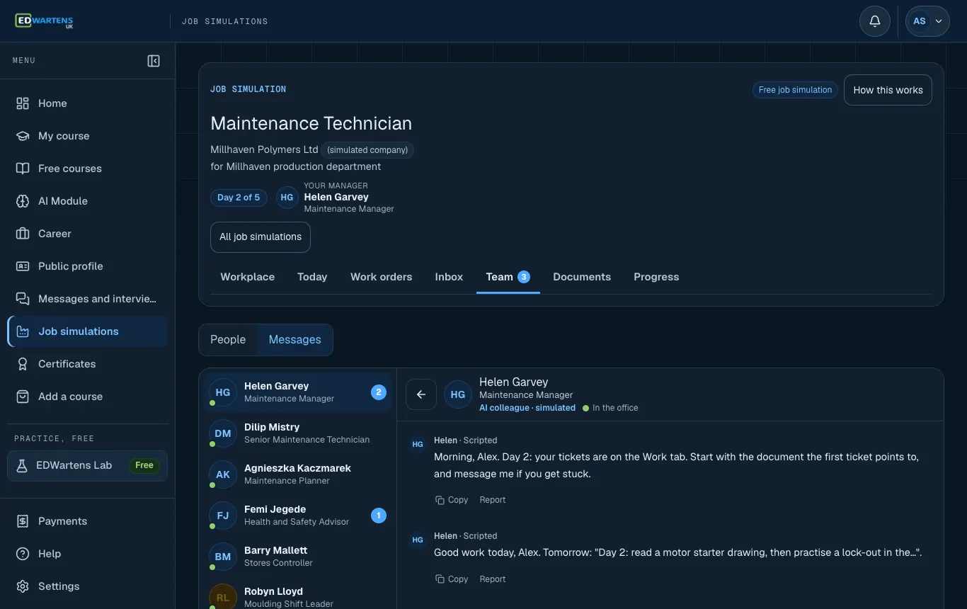 The Team screen of the Maintenance Technician job simulation with a chat open with an AI colleague