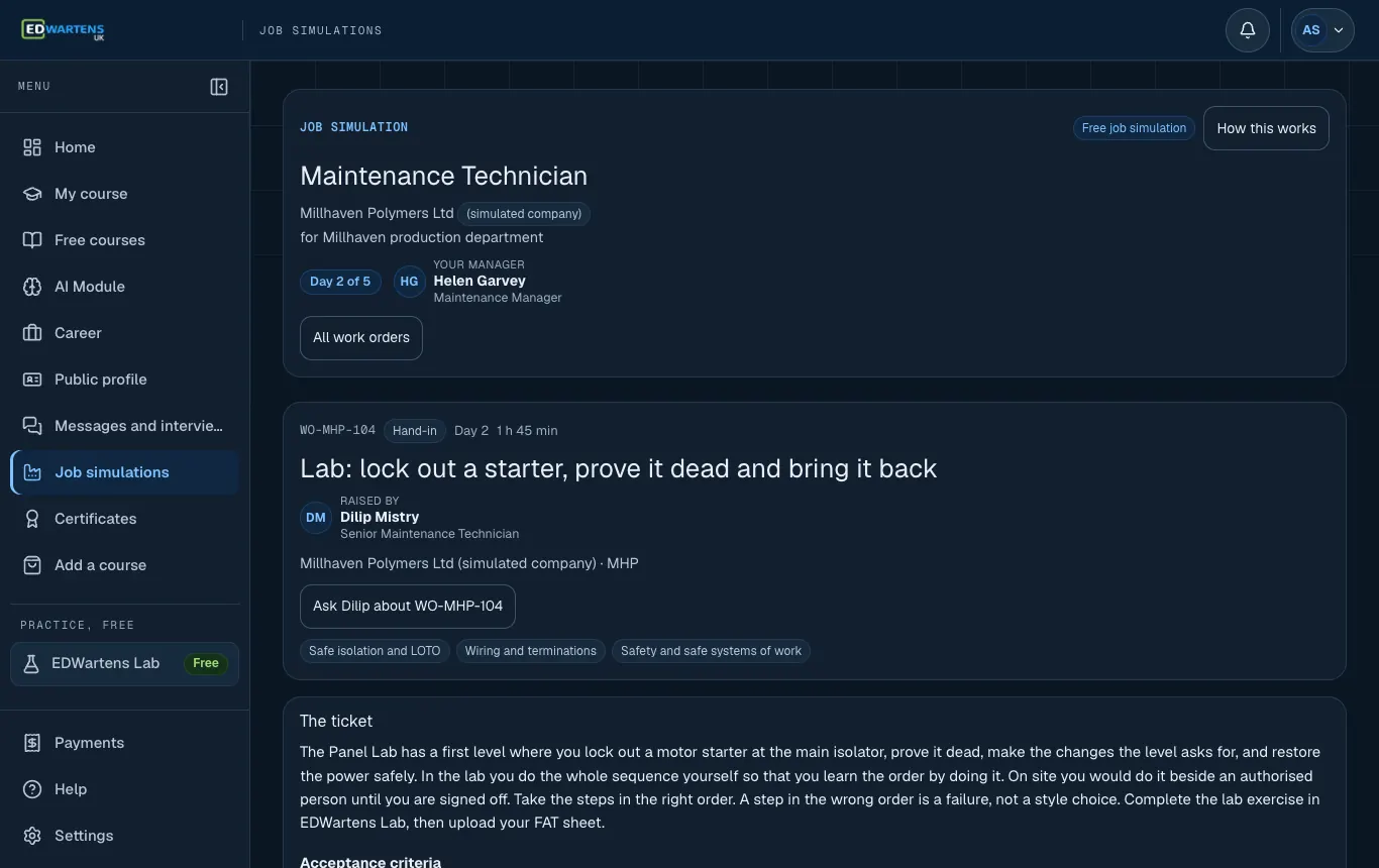 A ticket in the Maintenance Technician job simulation with its brief and acceptance points