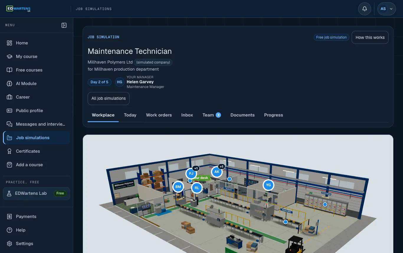 The workplace of the simulated company in the Maintenance Technician job simulation