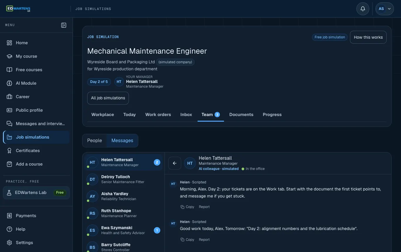The Team screen of the Mechanical Maintenance Engineer job simulation with a chat open with an AI colleague