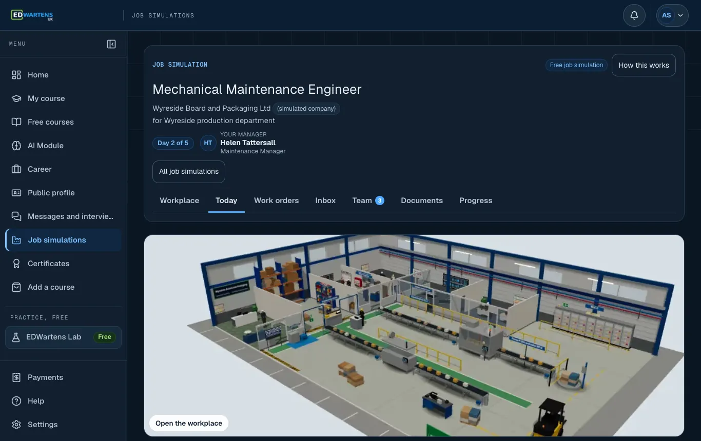 The Today screen of the Mechanical Maintenance Engineer job simulation: the morning email and the day's tickets