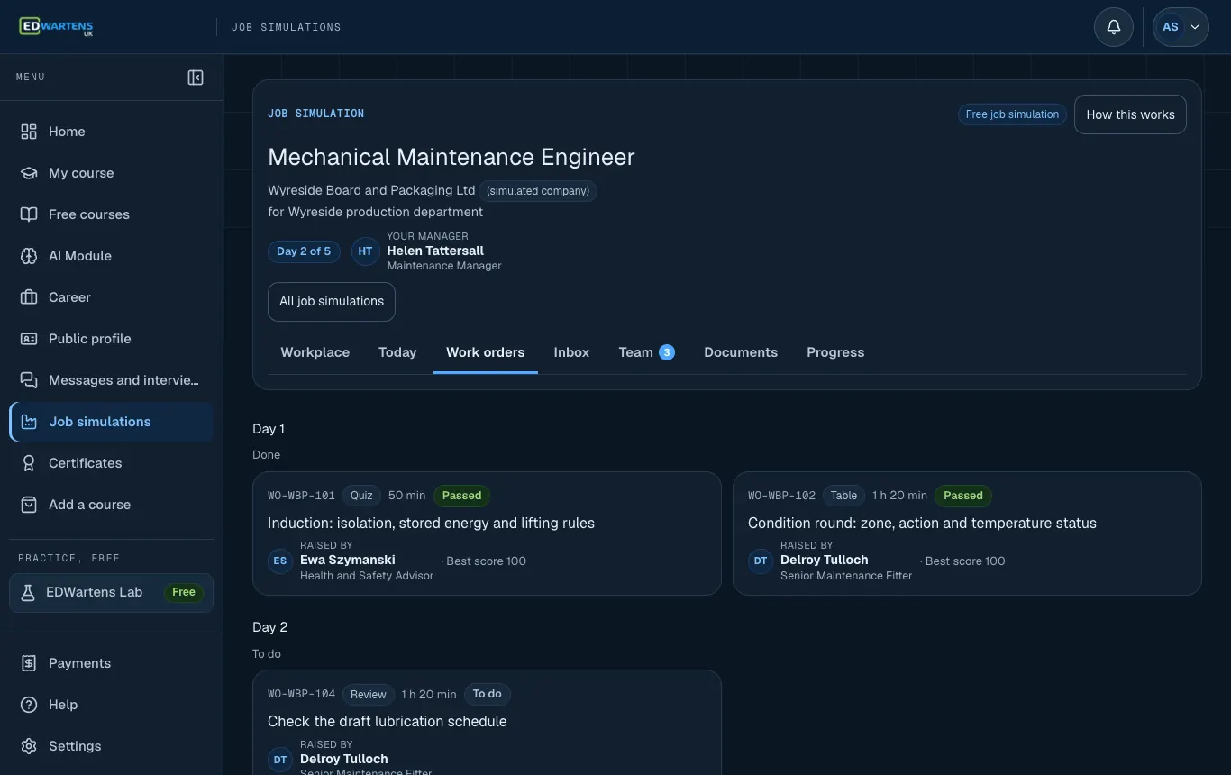 The Work screen of the Mechanical Maintenance Engineer job simulation, listing tickets by day