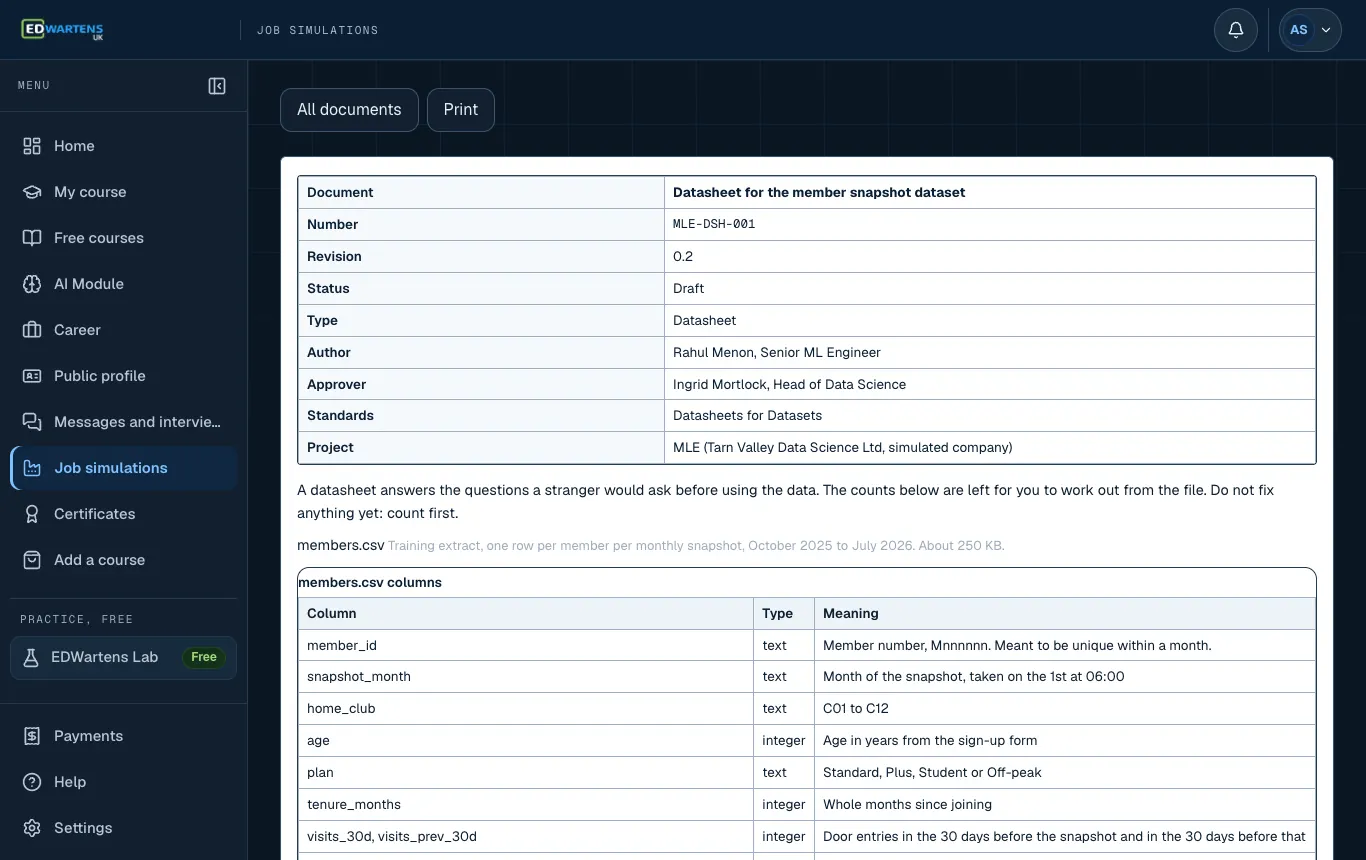 A project document in the Machine Learning Engineer job simulation with number, revision and status