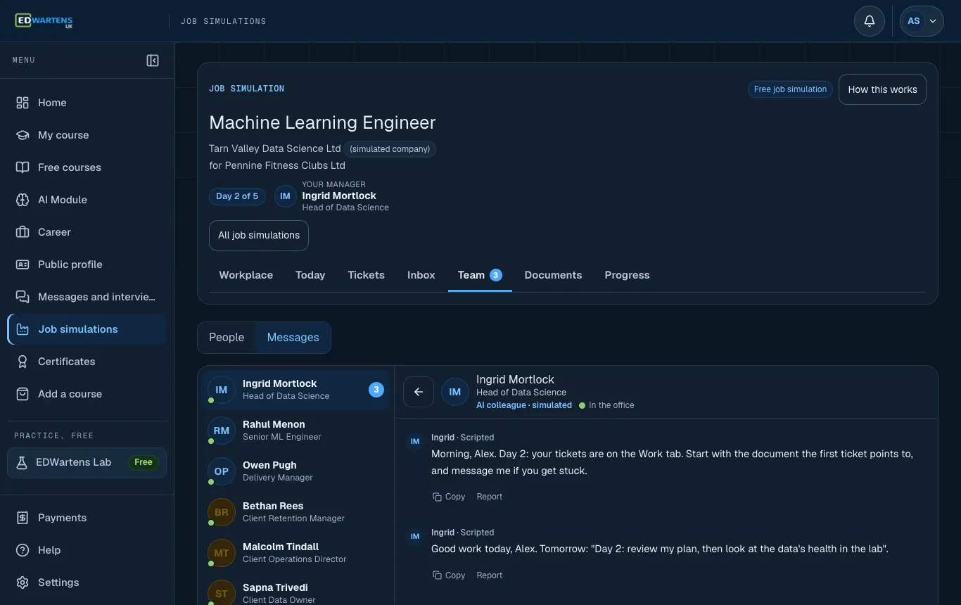 The Team screen of the Machine Learning Engineer job simulation with a chat open with an AI colleague