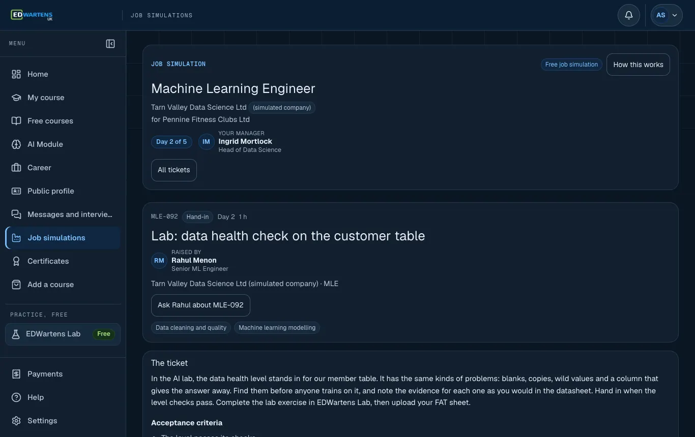 A ticket in the Machine Learning Engineer job simulation with its brief and acceptance points