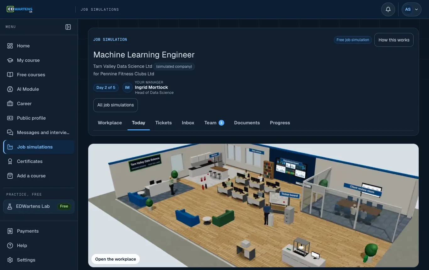 The Today screen of the Machine Learning Engineer job simulation: the morning email and the day's tickets