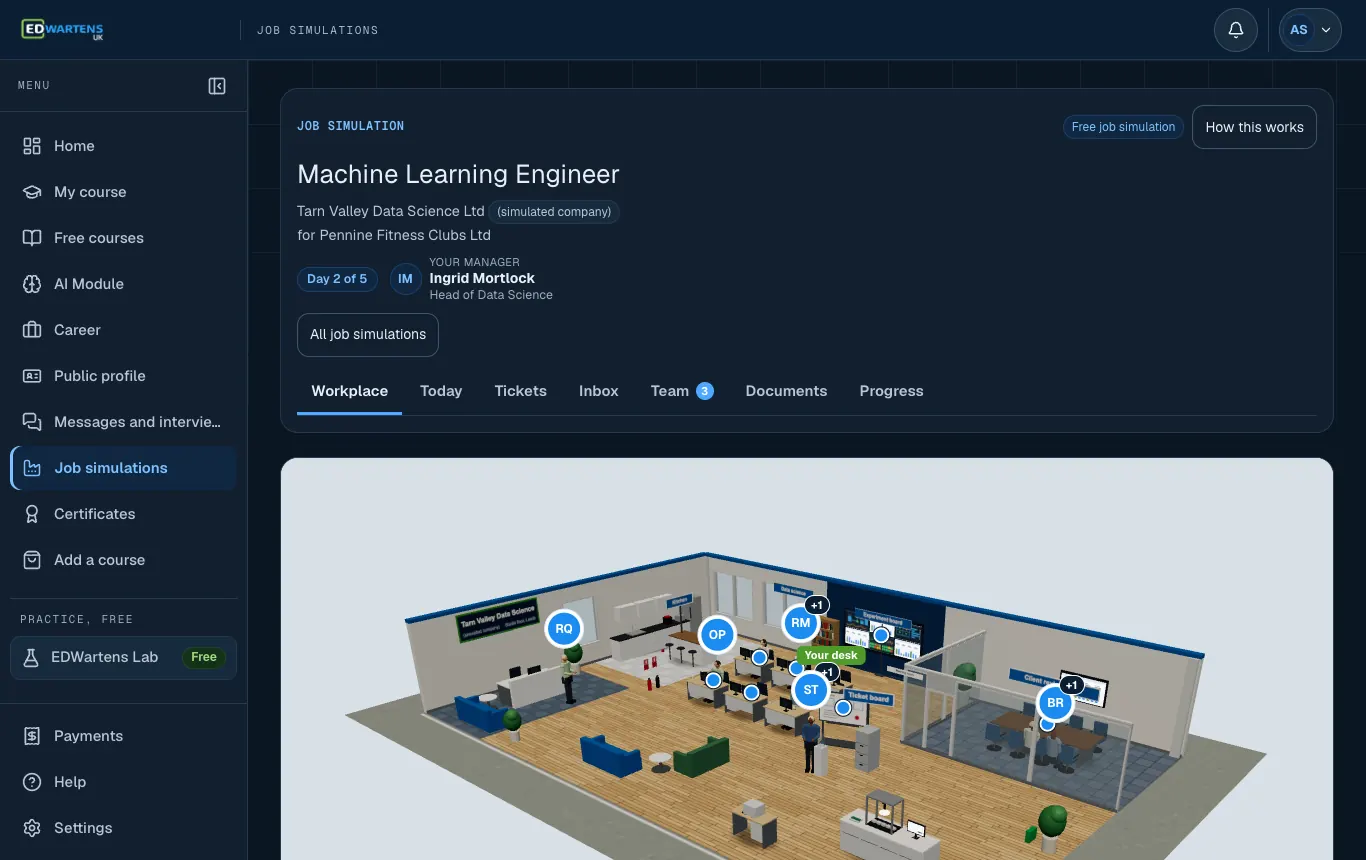 The workplace of the simulated company in the Machine Learning Engineer job simulation