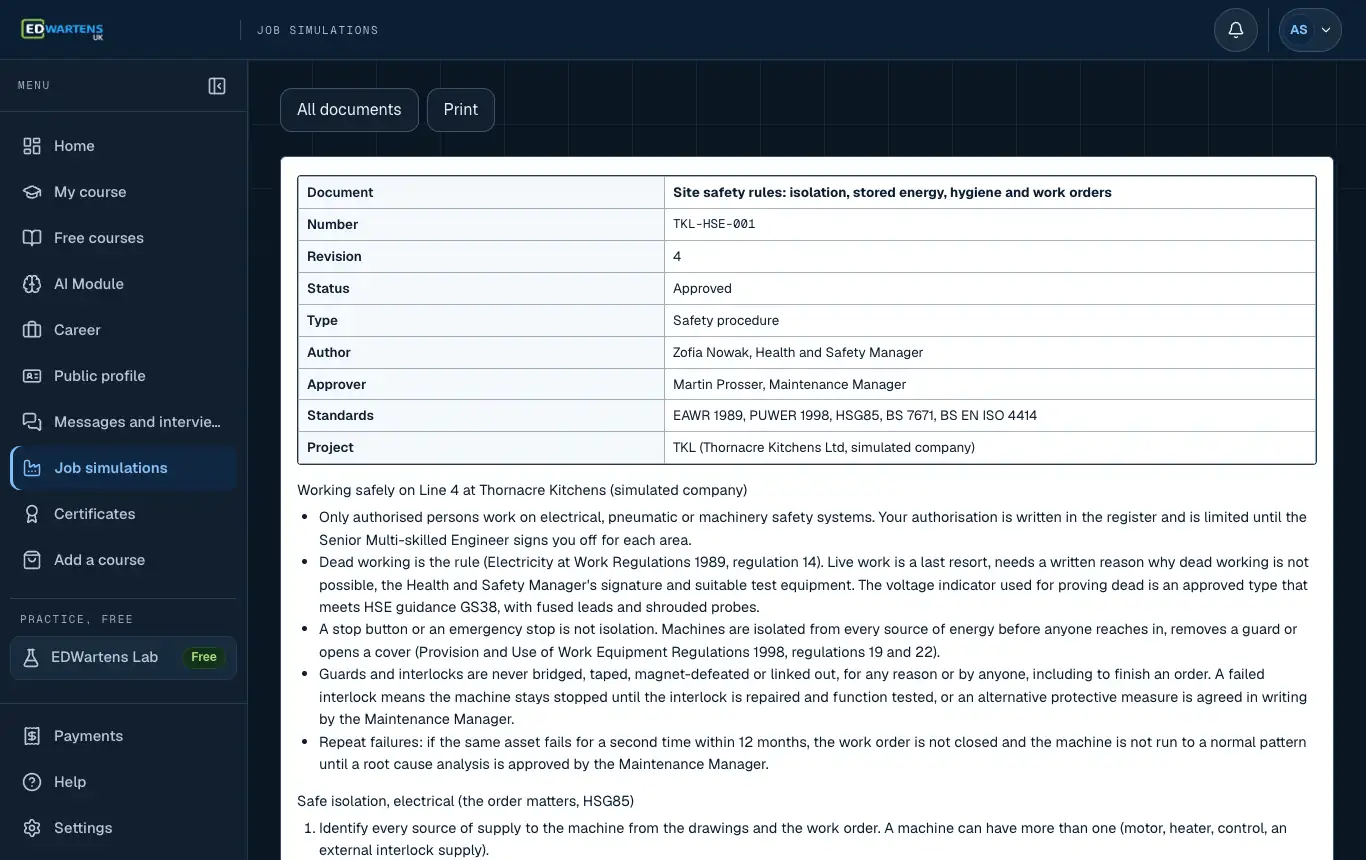 A project document in the Multi-skilled Maintenance Engineer job simulation with number, revision and status