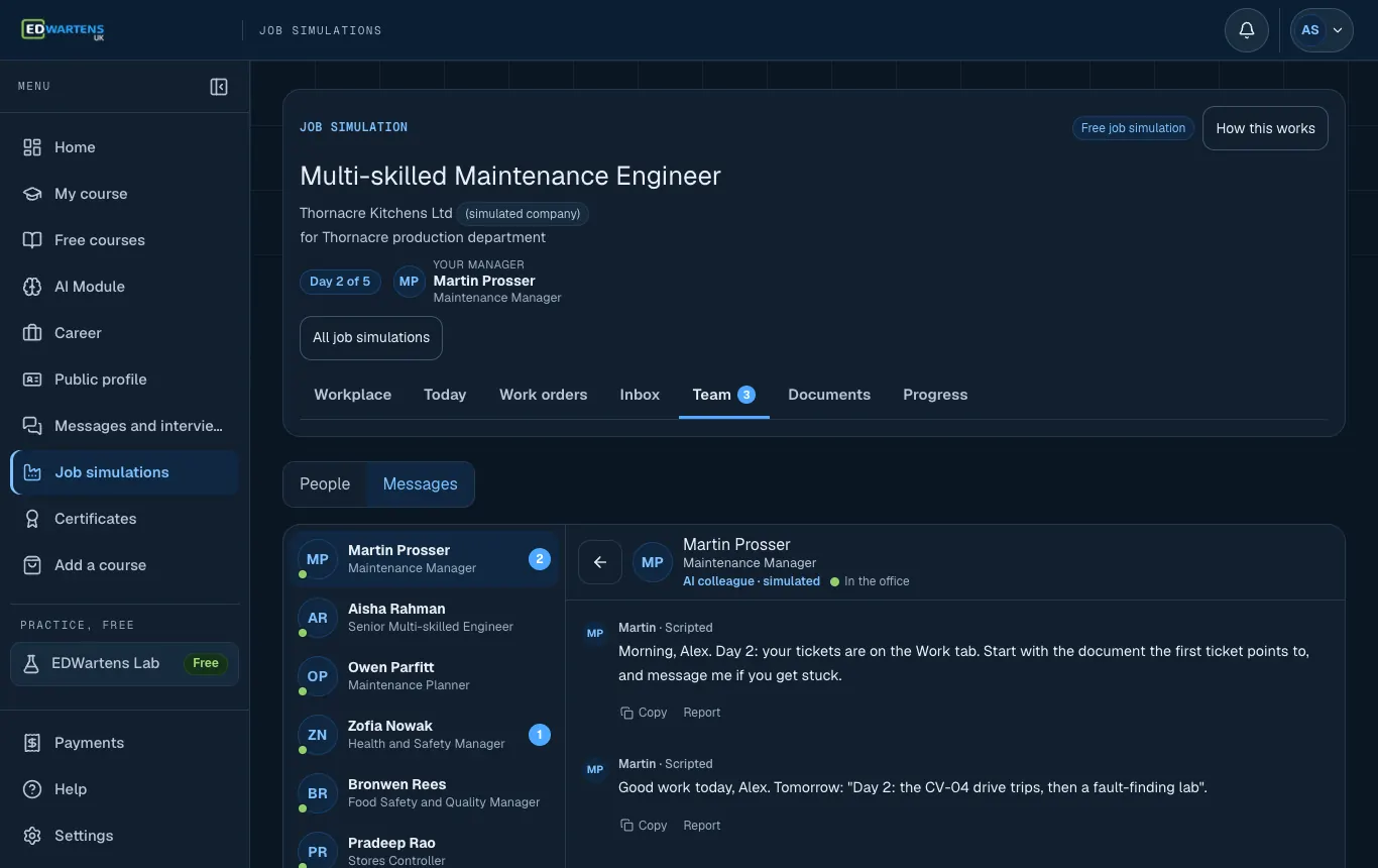 The Team screen of the Multi-skilled Maintenance Engineer job simulation with a chat open with an AI colleague