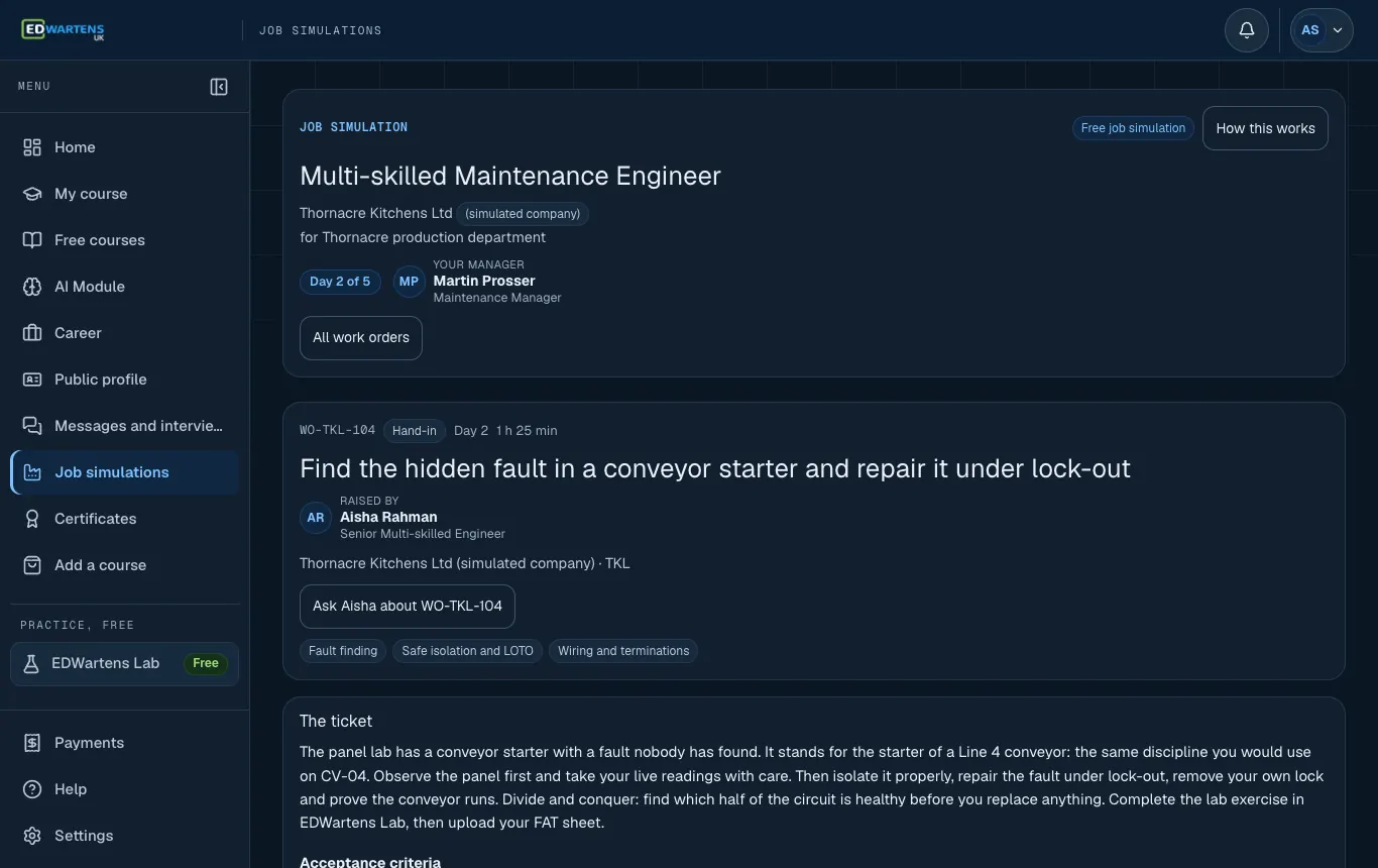 A ticket in the Multi-skilled Maintenance Engineer job simulation with its brief and acceptance points