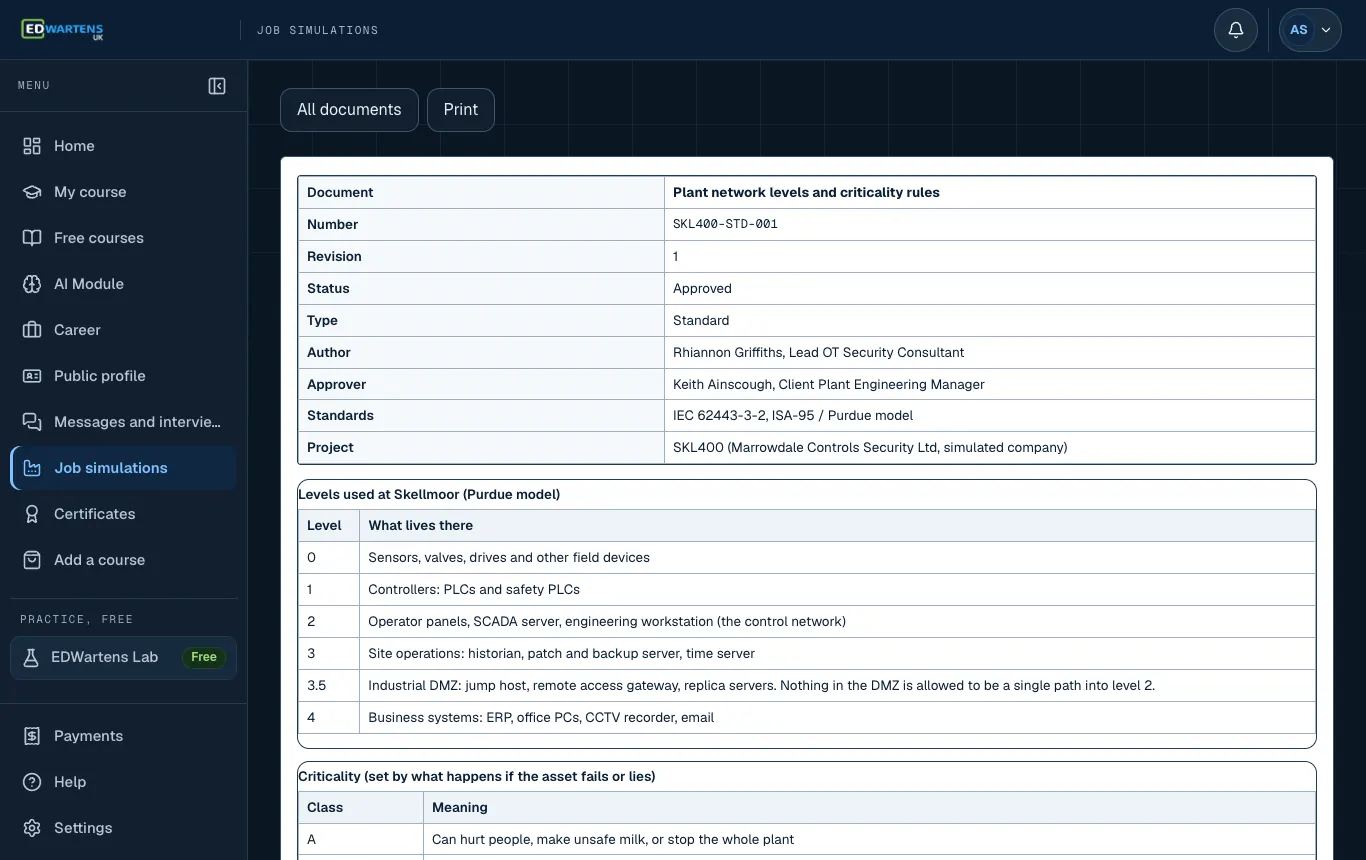 A project document in the OT Security Analyst job simulation with number, revision and status