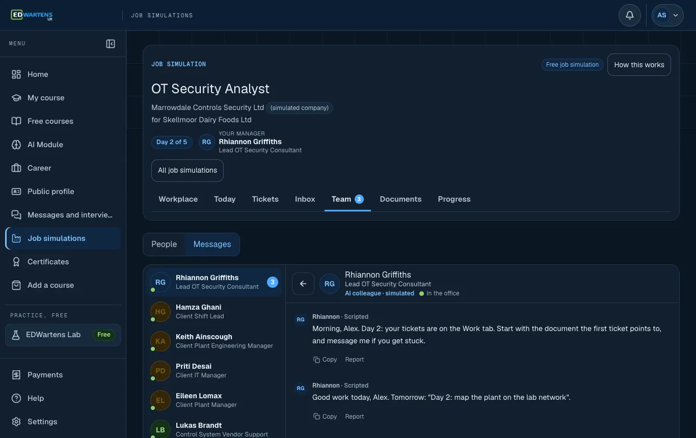 The Team screen of the OT Security Analyst job simulation with a chat open with an AI colleague