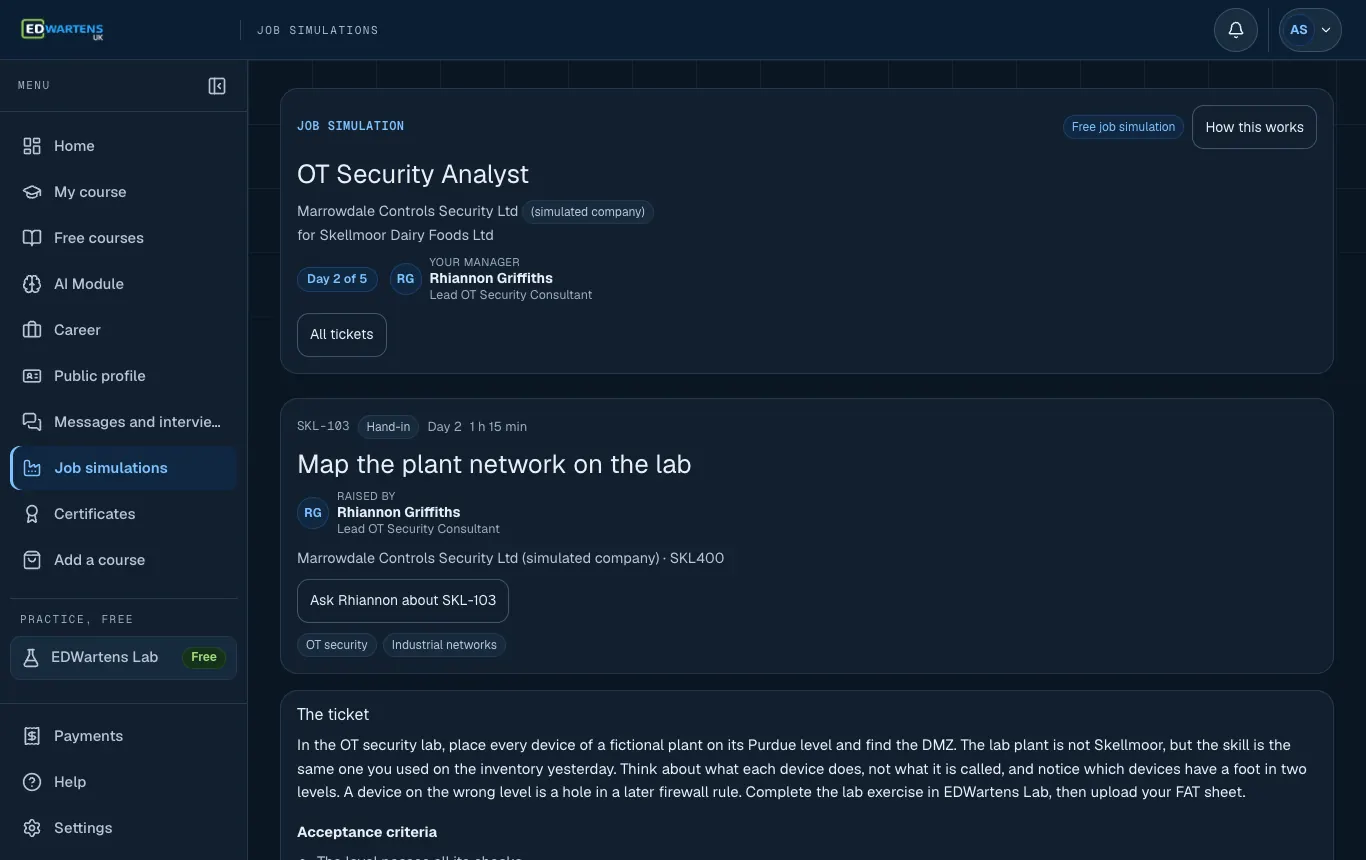 A ticket in the OT Security Analyst job simulation with its brief and acceptance points
