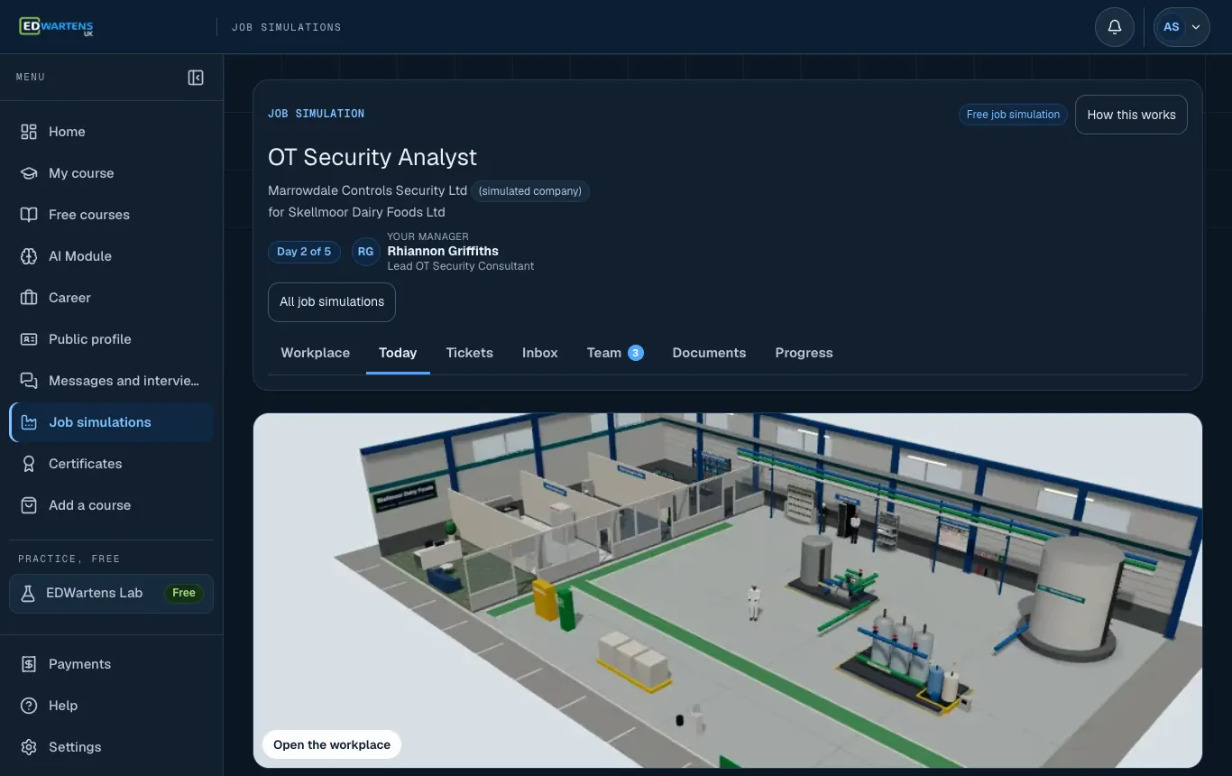 The Today screen of the OT Security Analyst job simulation: the morning email and the day's tickets