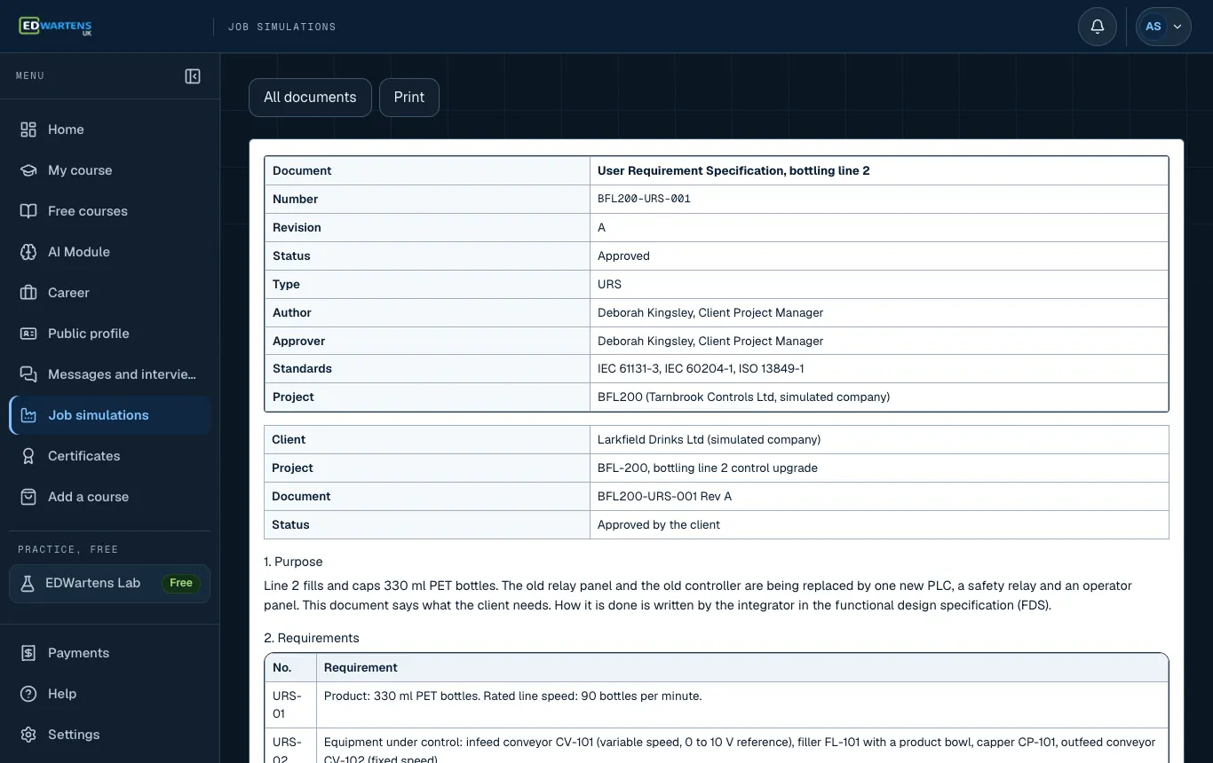 A project document in the PLC Programmer job simulation with number, revision and status