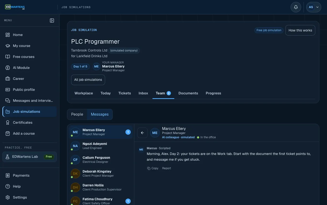 The Team screen of the PLC Programmer job simulation with a chat open with an AI colleague