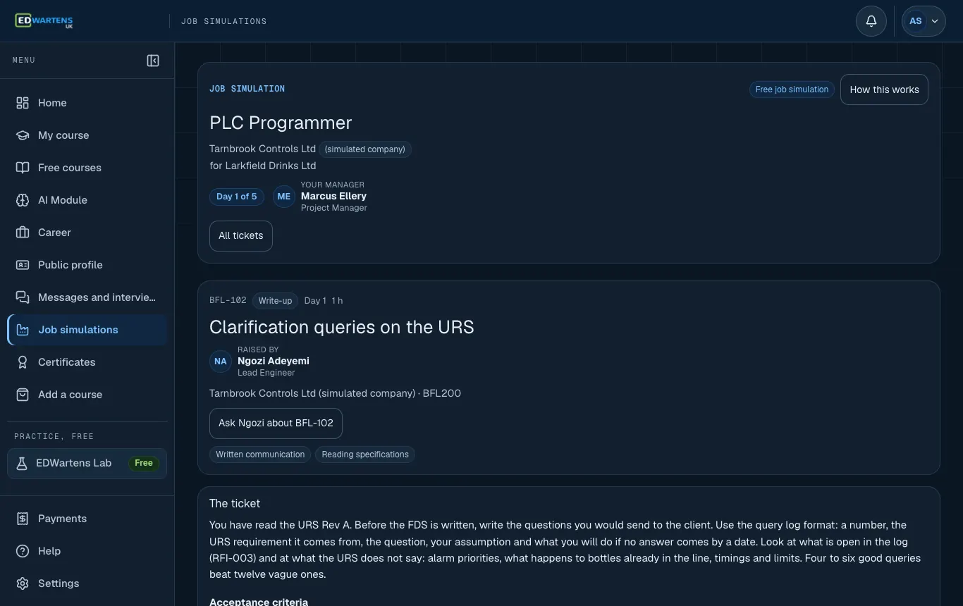 A ticket in the PLC Programmer job simulation with its brief and acceptance points