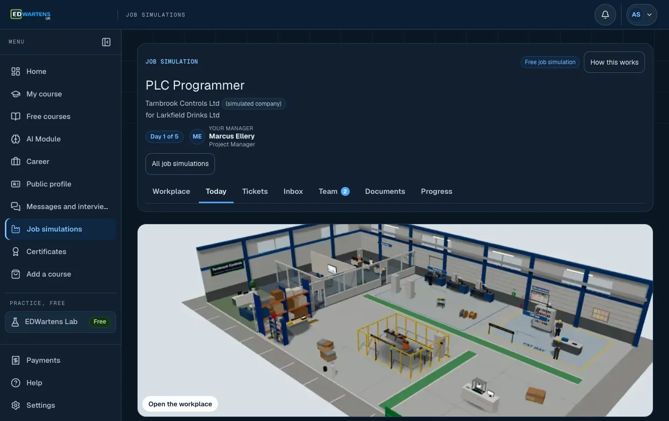 The Today screen of the PLC Programmer job simulation: the morning email and the day's tickets