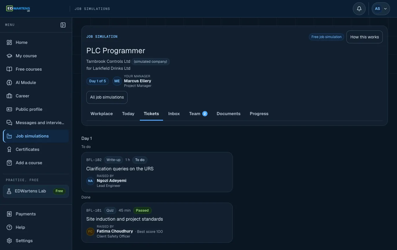 The Work screen of the PLC Programmer job simulation, listing tickets by day