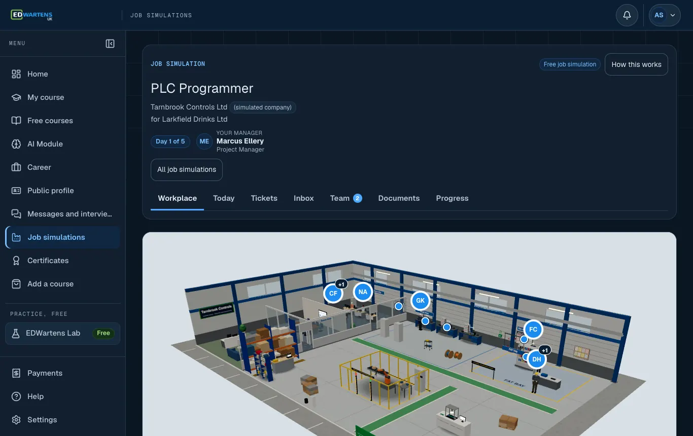 The workplace of the simulated company in the PLC Programmer job simulation