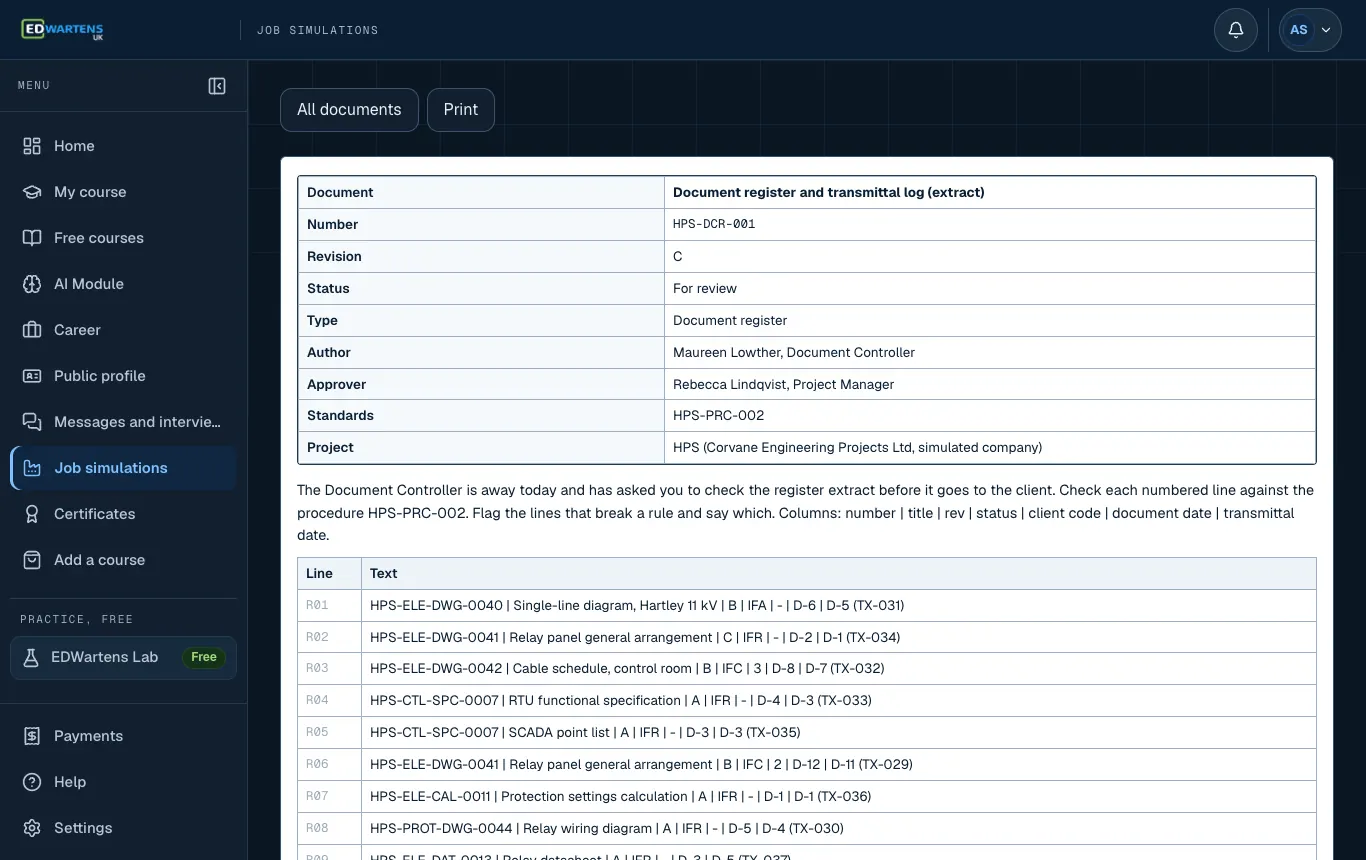A project document in the Engineering Project Coordinator job simulation with number, revision and status