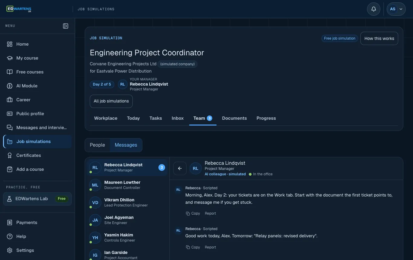 The Team screen of the Engineering Project Coordinator job simulation with a chat open with an AI colleague