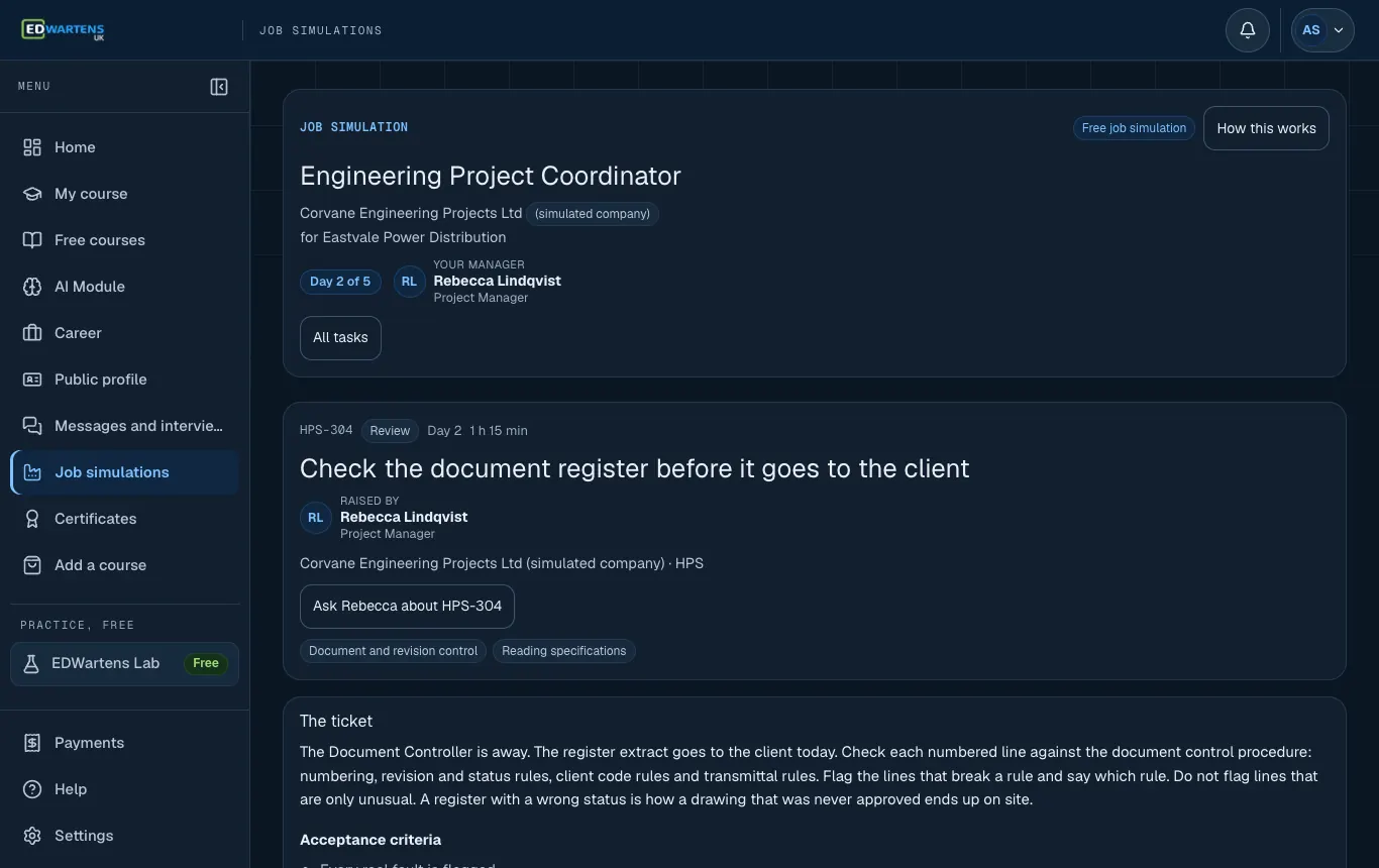 A ticket in the Engineering Project Coordinator job simulation with its brief and acceptance points