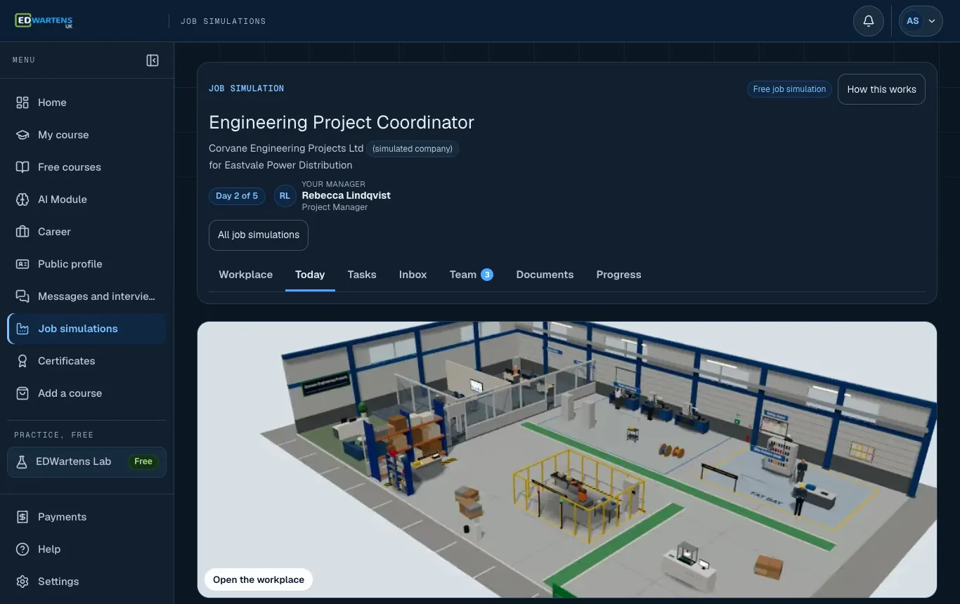 The Today screen of the Engineering Project Coordinator job simulation: the morning email and the day's tickets