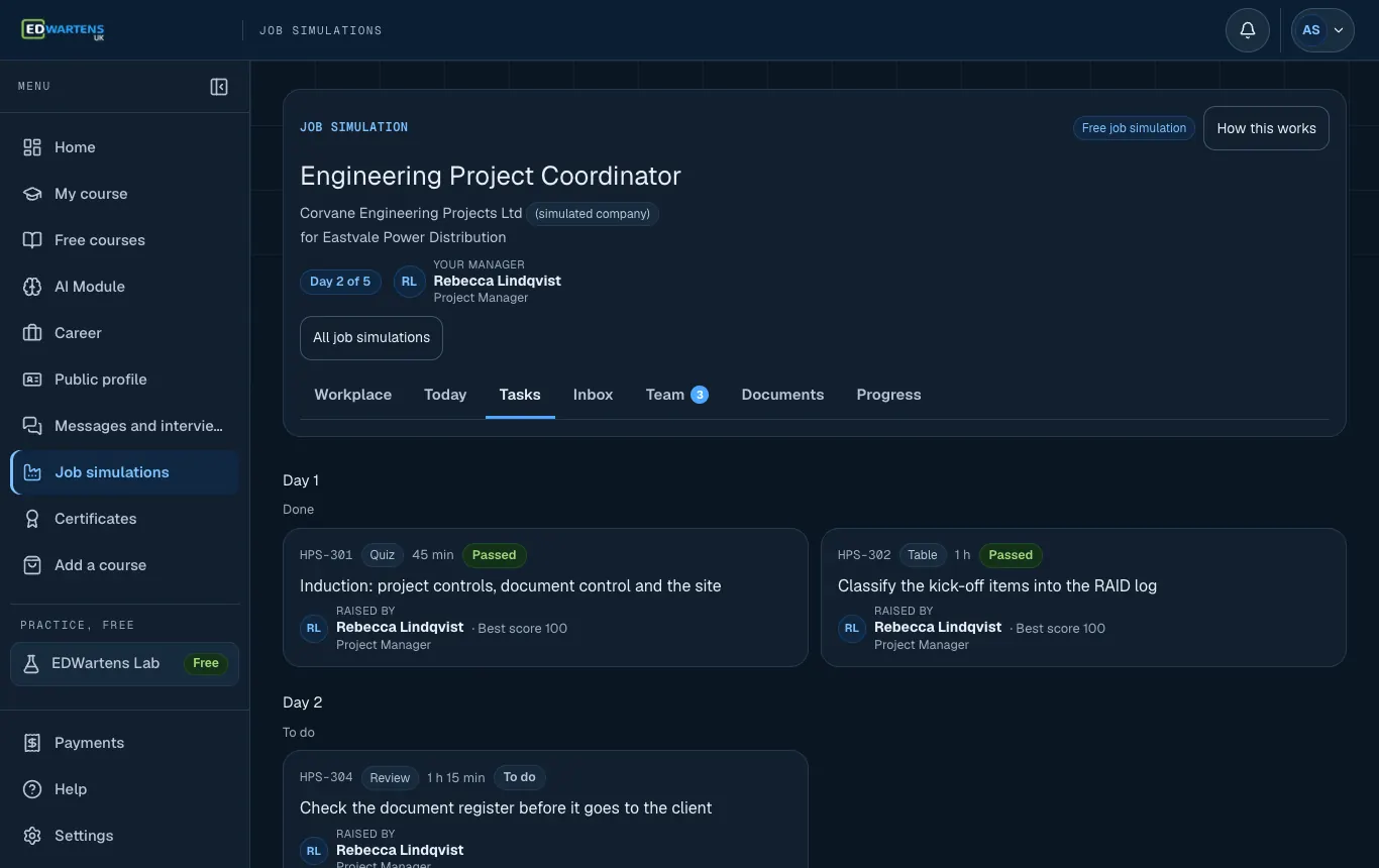 The Work screen of the Engineering Project Coordinator job simulation, listing tickets by day
