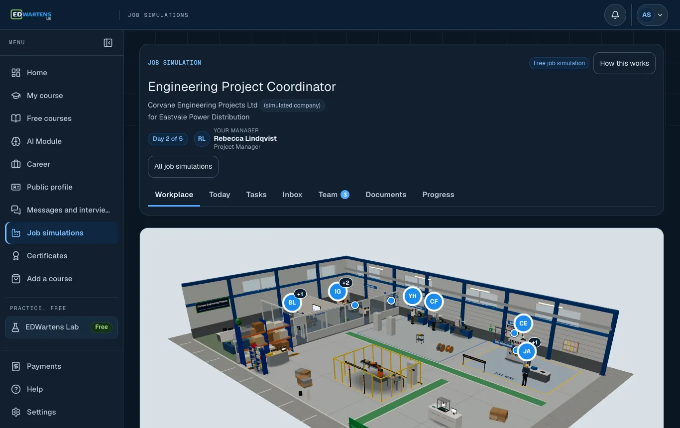 The workplace of the simulated company in the Engineering Project Coordinator job simulation