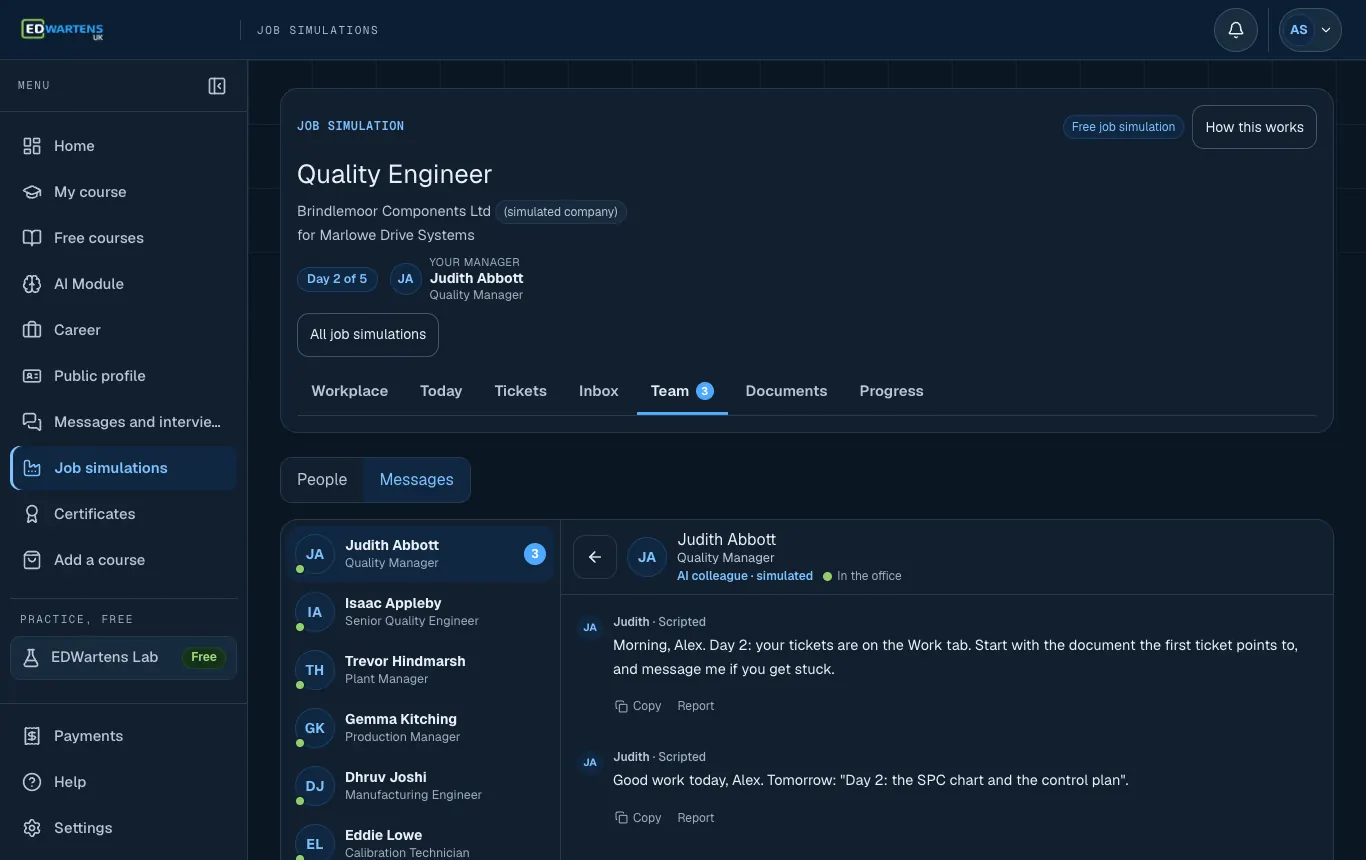 The Team screen of the Quality Engineer job simulation with a chat open with an AI colleague