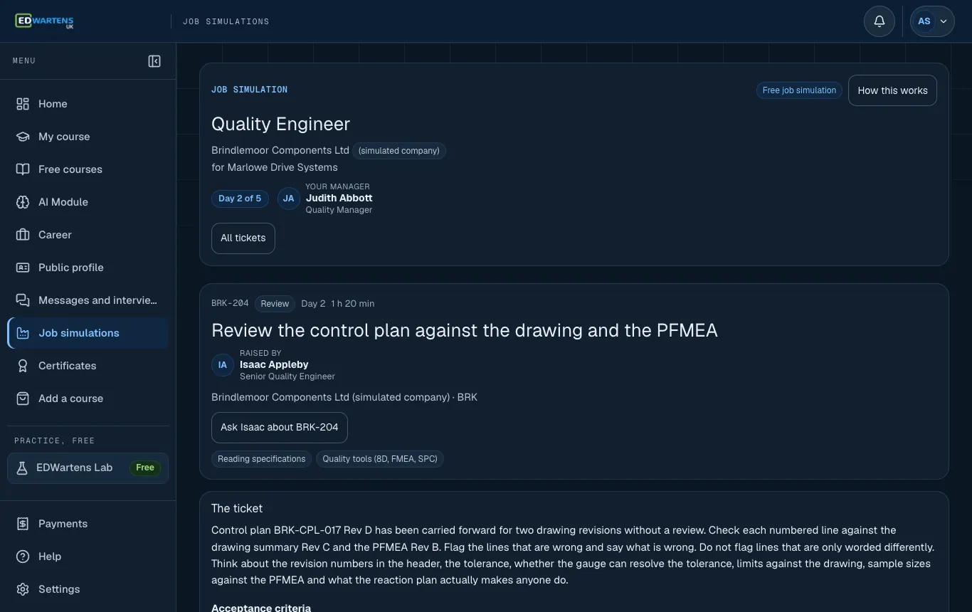 A ticket in the Quality Engineer job simulation with its brief and acceptance points