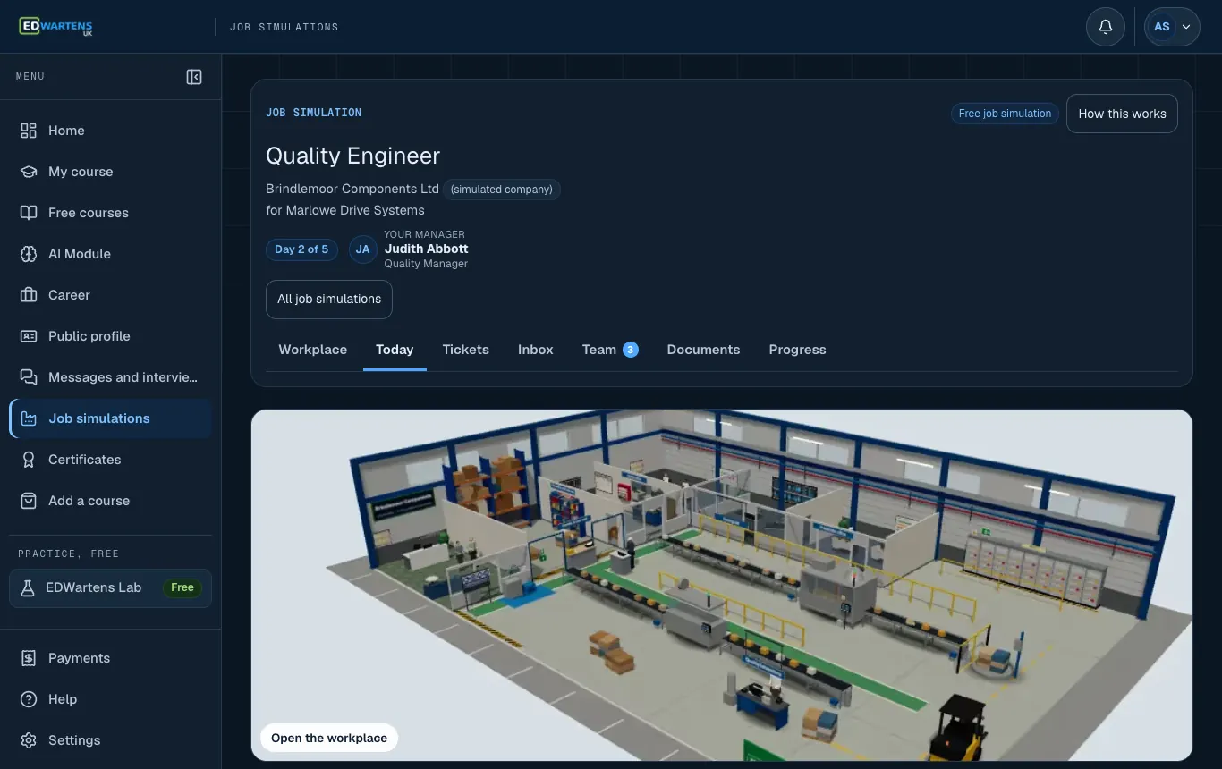 The Today screen of the Quality Engineer job simulation: the morning email and the day's tickets