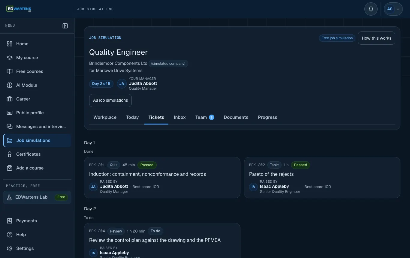 The Work screen of the Quality Engineer job simulation, listing tickets by day