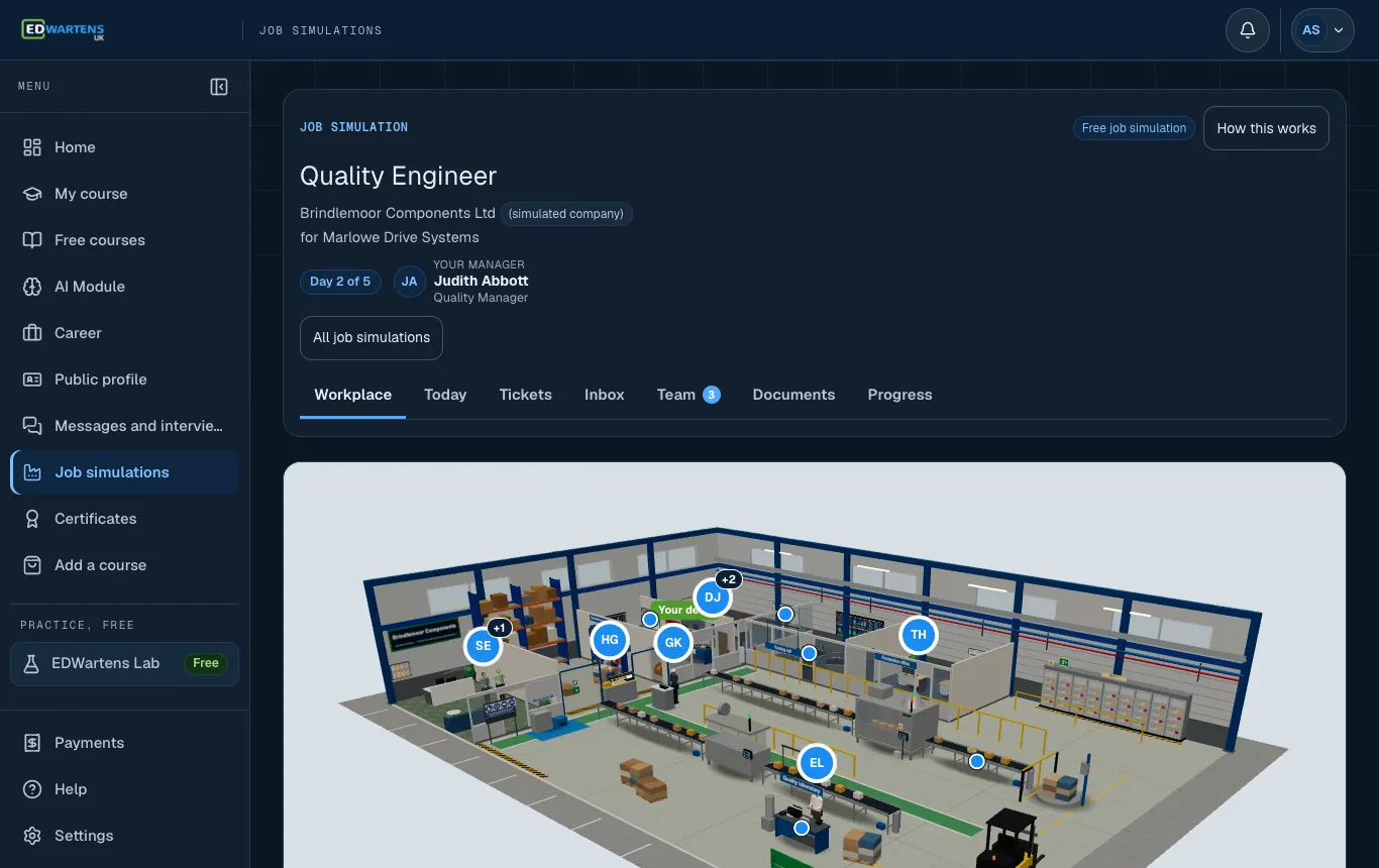 The workplace of the simulated company in the Quality Engineer job simulation
